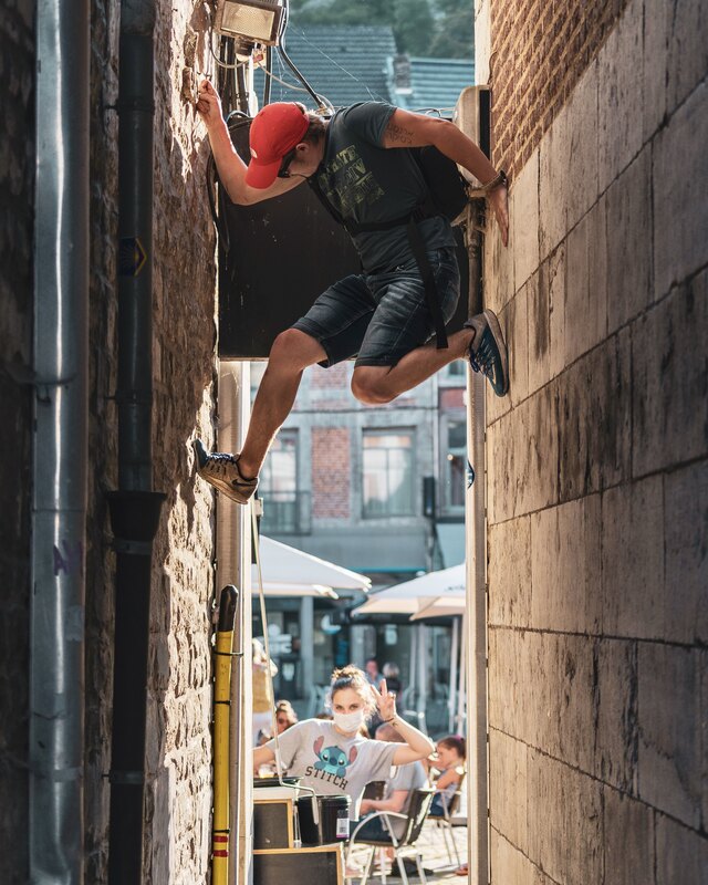 Parkour movement in an urban setting