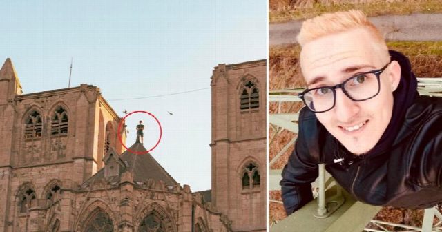 Montage: Lenny Obez op de collegiale kerk van Hoei en, in selfie, op een hoogspanningsmast